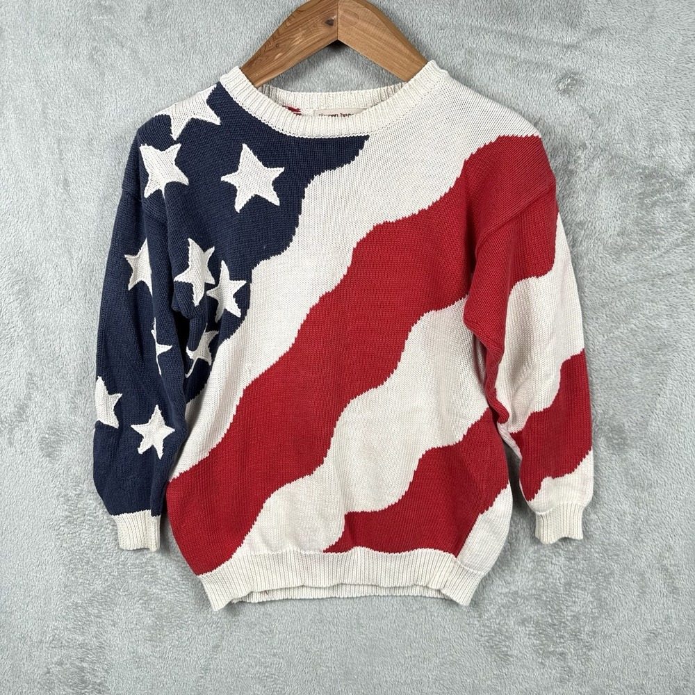 Lauren Hansen Sweater M American Flag All Over Print Patriotic USA Knit 90s VTG